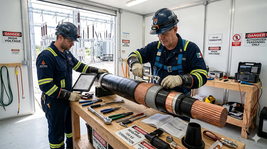 154 kV kablo başlığı yapımında temizlik ve nem kontrolü sağlayan yüksek gerilim montaj ekibi