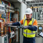 Busbar montajında bağlantı kalitesi ve ısınma riskleri kontrolü yapan elektrik mühendisleri