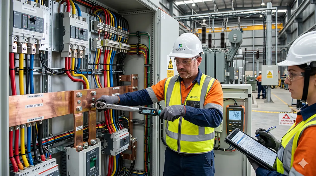 Busbar montajında bağlantı kalitesi ve ısınma riskleri kontrolü yapan elektrik mühendisleri