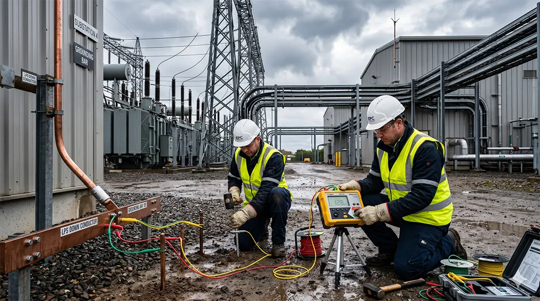 Endüstriyel tesiste paratoner ve topraklama ölçümü yapan elektrik mühendisleri