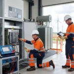 Rüzgar enerji santralinde trafo ve yüksek gerilim sistemlerinde periyodik elektriksel bakım ve test gerçekleştiren teknik ekip.