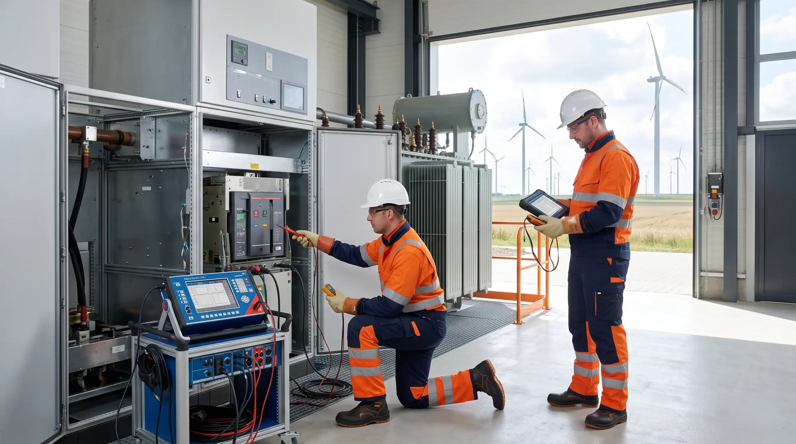 Rüzgar enerji santralinde trafo ve yüksek gerilim sistemlerinde periyodik elektriksel bakım ve test gerçekleştiren teknik ekip.