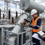 Güç trafosunda Buchholz rölesi alarm ve açma devrelerini kontrol eden elektrik mühendisleri