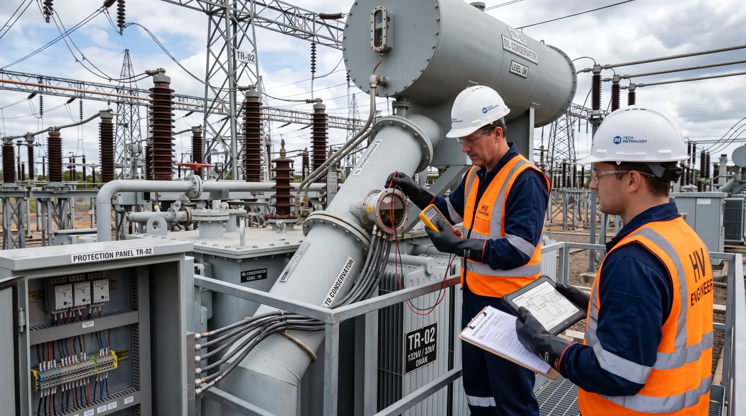 Güç trafosunda Buchholz rölesi alarm ve açma devrelerini kontrol eden elektrik mühendisleri
