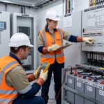 Enerji tesisinde DC yardımcı besleme ve akü grubu kontrolleri yapan elektrik mühendisleri