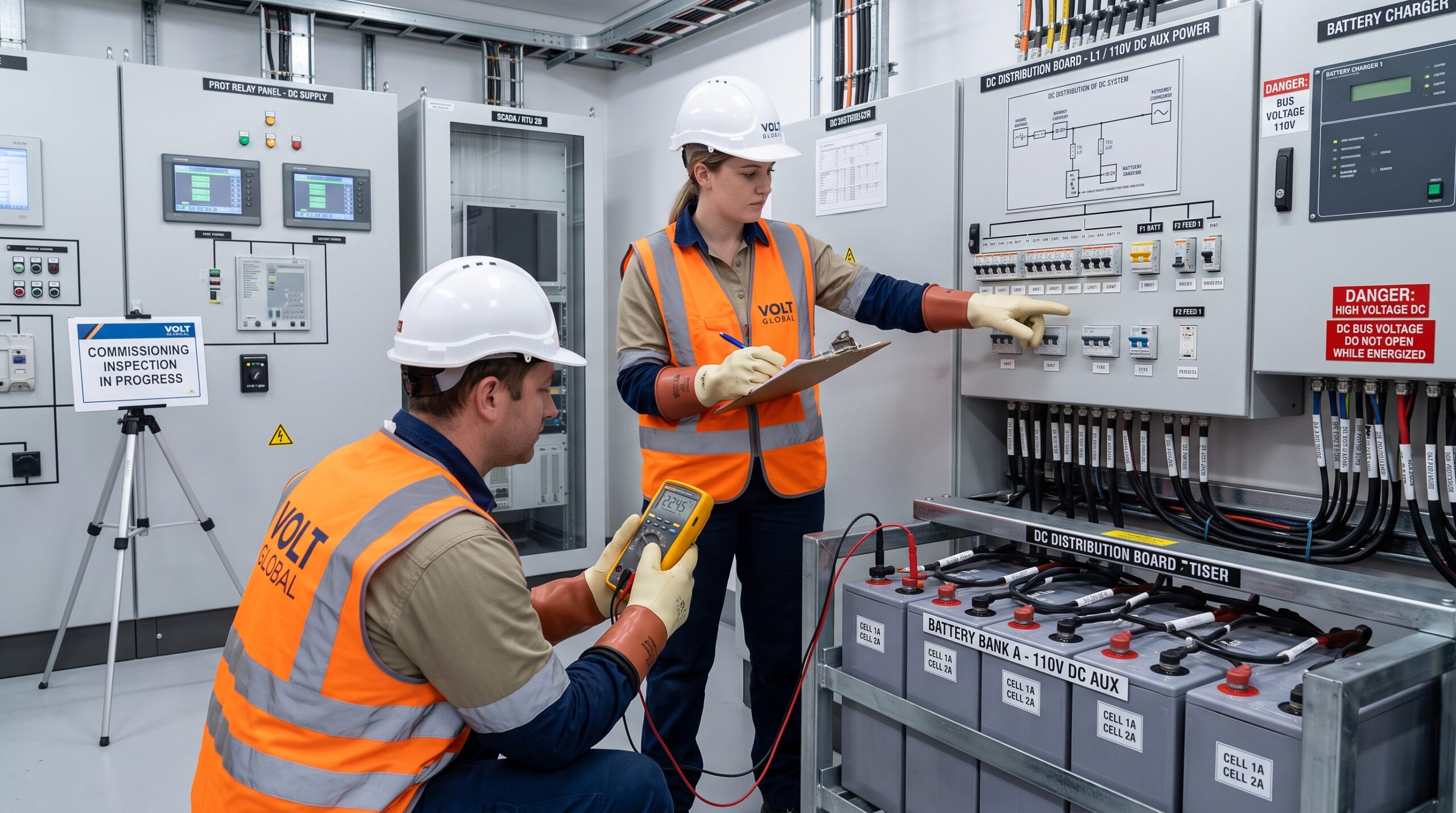 Enerji tesisinde DC yardımcı besleme ve akü grubu kontrolleri yapan elektrik mühendisleri
