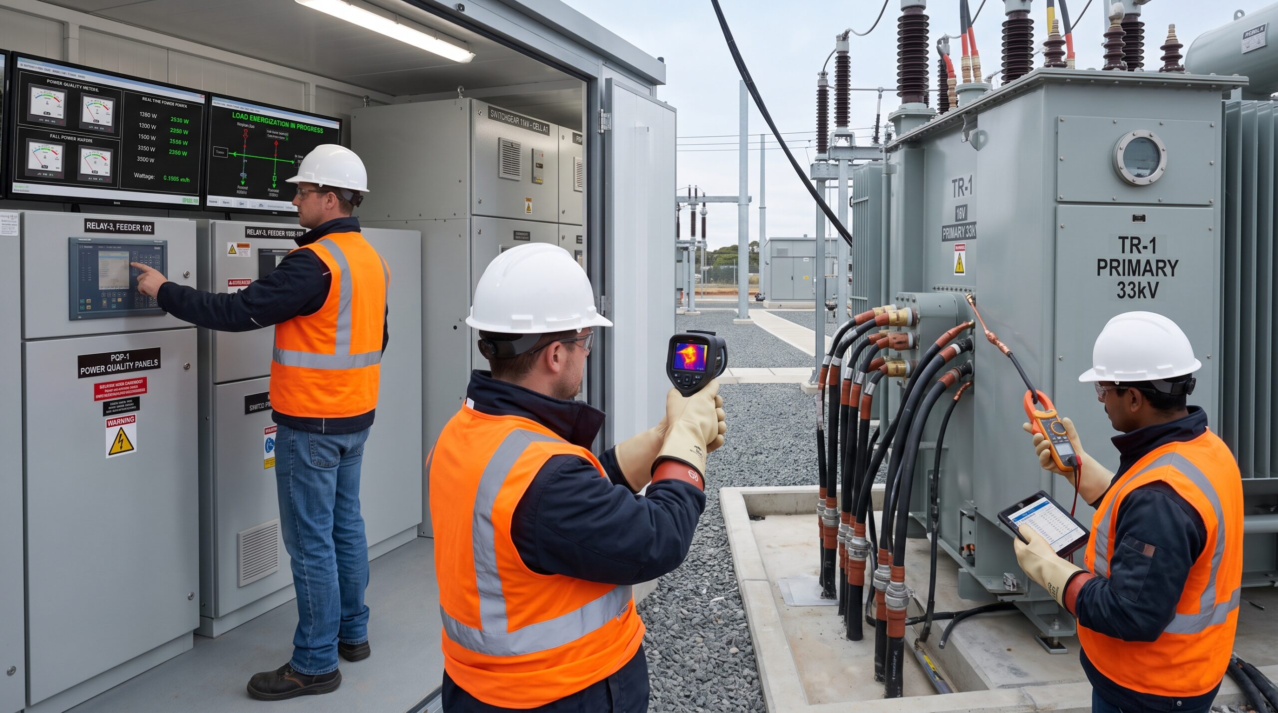 Enerji tesisinde ilk yük alma testi sırasında trafo, pano ve SCADA değerlerini izleyen mühendisler