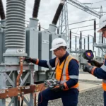 Trafo merkezinde parafudr ve topraklama bağlantılarını kontrol eden elektrik mühendisleri