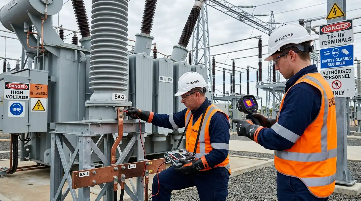 Trafo merkezinde parafudr ve topraklama bağlantılarını kontrol eden elektrik mühendisleri