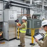 Fabrikada trafo, OG hücre, pano ve elektrik sistemlerinde periyodik bakım yapan mühendisler