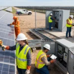 Güneş enerji santralinde panel, inverter, trafo ve elektrik sistemlerinde periyodik bakım yapan mühendisler