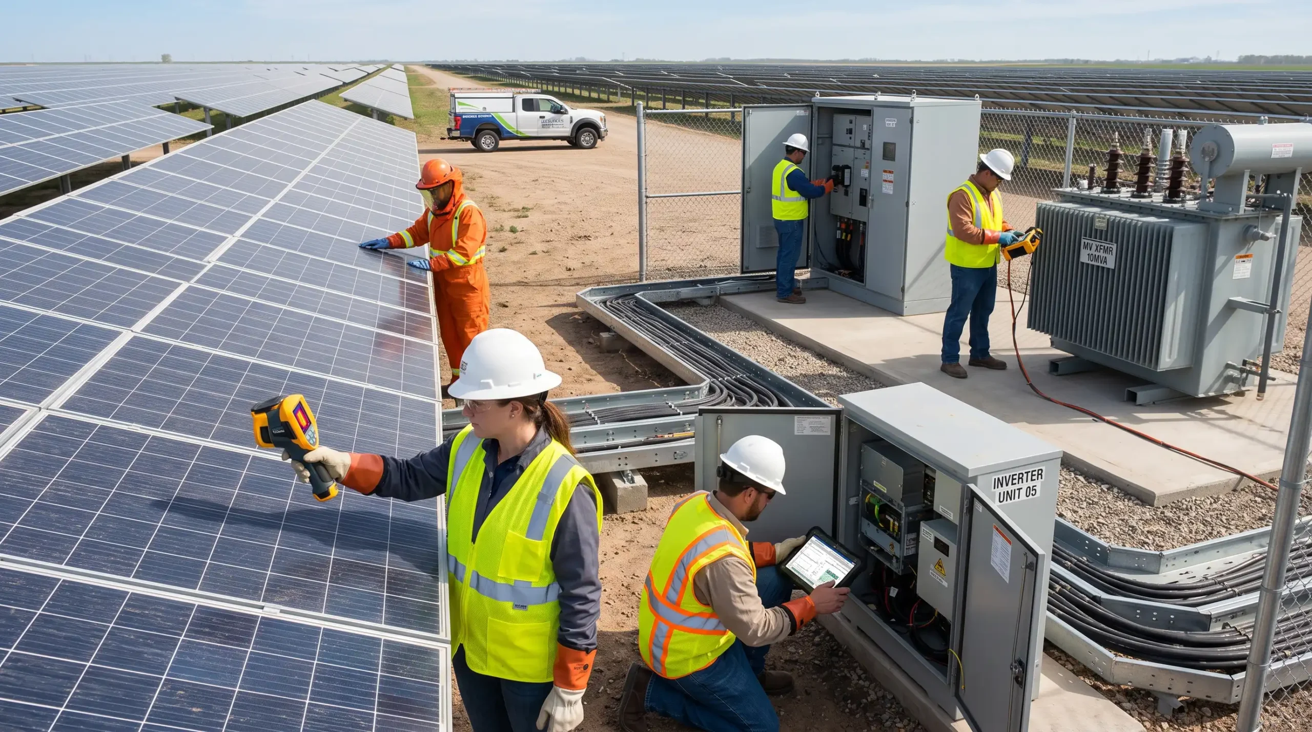 Güneş enerji santralinde panel, inverter, trafo ve elektrik sistemlerinde periyodik bakım yapan mühendisler