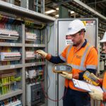 AG panoda kaçak akım rölesi test sonuçlarını kontrol eden elektrik mühendisleri