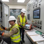 Kesici trip devresi, açma bobini ve TCS alarmını kontrol eden elektrik mühendisleri