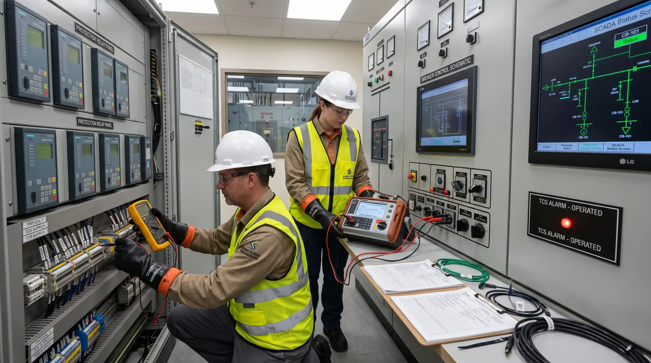Kesici trip devresi, açma bobini ve TCS alarmını kontrol eden elektrik mühendisleri