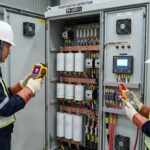 Kompanzasyon panosu bakımında kondansatör ve reaktif güç kontrolü yapan elektrik mühendisleri