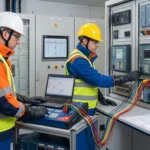 Koruma rölesi sekonder enjeksiyon testi ve ayar doğrulaması yapan elektrik mühendisleri