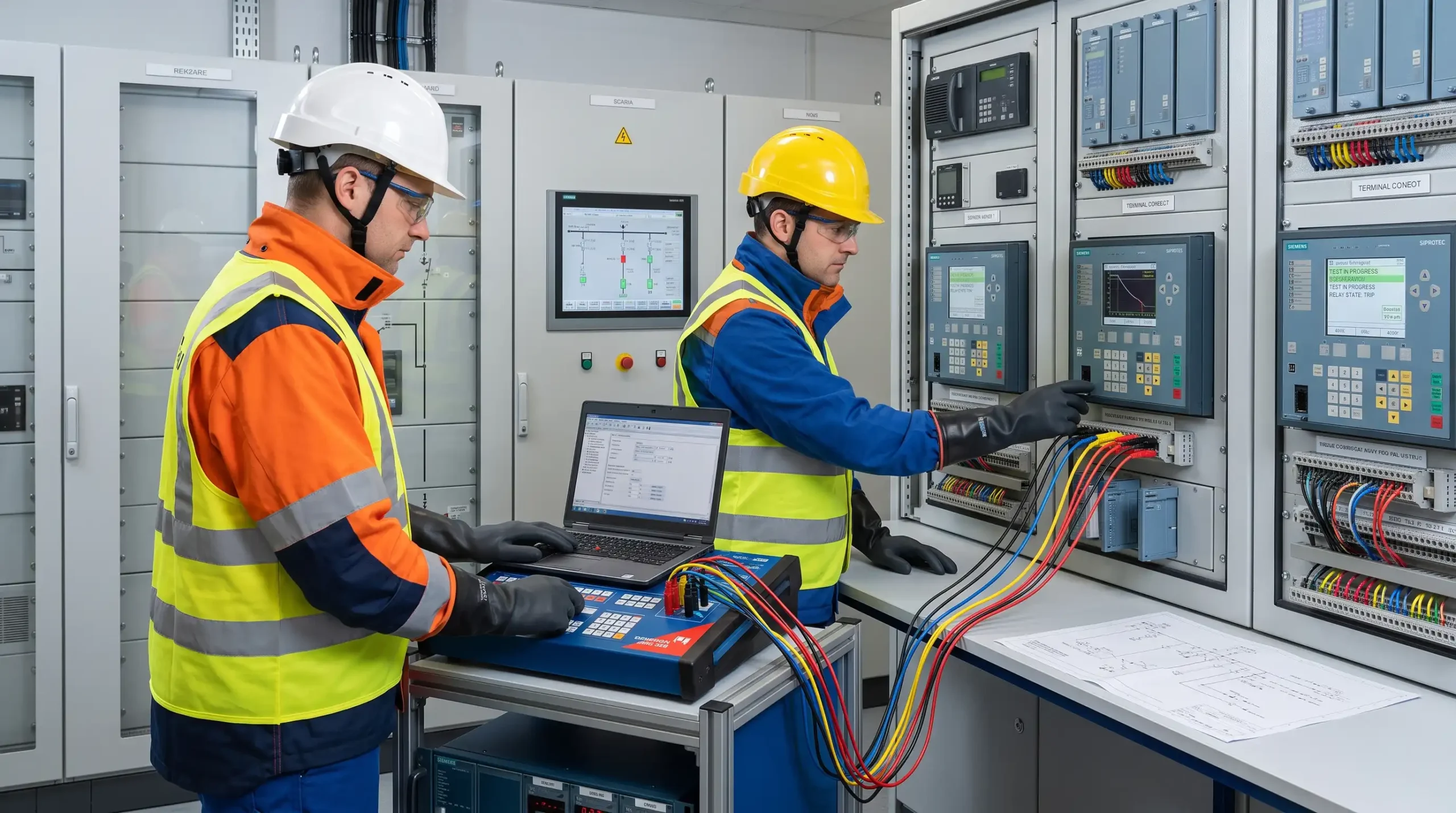 Koruma rölesi sekonder enjeksiyon testi ve ayar doğrulaması yapan elektrik mühendisleri