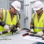Raychem OG kablo başlığı uygulamasında yüzey hazırlığı ve stres kontrolü yapan elektrik mühendisleri