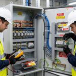 Pano montajında etiketleme, kablo düzeni ve test öncesi kontrolleri yapan elektrik mühendisleri