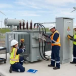 Rüzgâr enerji santralinde trafo bakımı ve elektriksel kontroller yapan mühendisler