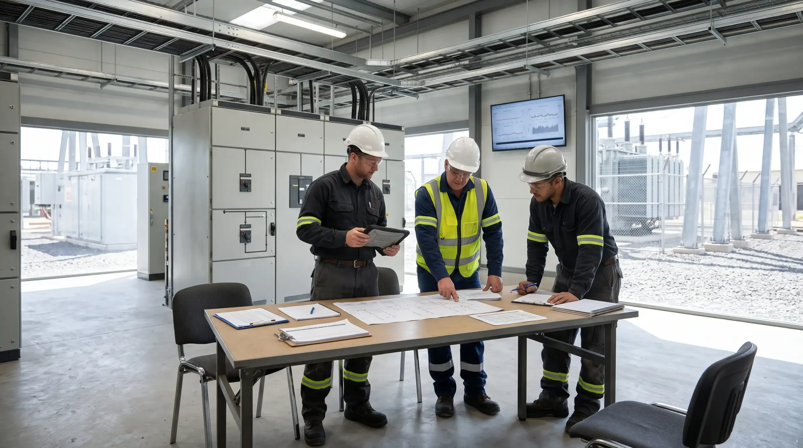 Endüstriyel tesiste elektrik bakım teklifini, ekipman listesini ve hizmet kapsamını değerlendiren mühendisler