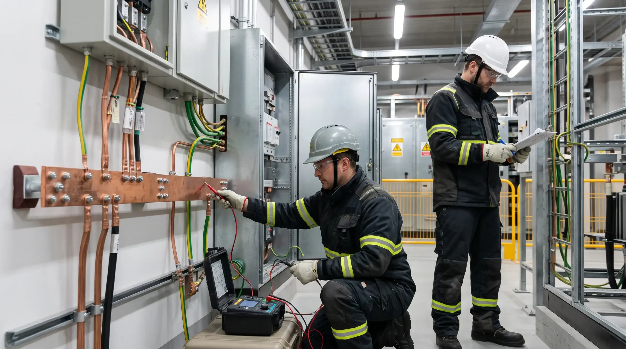 Endüstriyel tesiste eşpotansiyel kuşaklama ve topraklama sürekliliği kontrolü yapan elektrik mühendisleri
