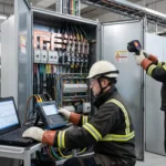 Sanayi tesisinde faz dengesizliği ve enerji kalitesi ölçümü yapan elektrik mühendisleri