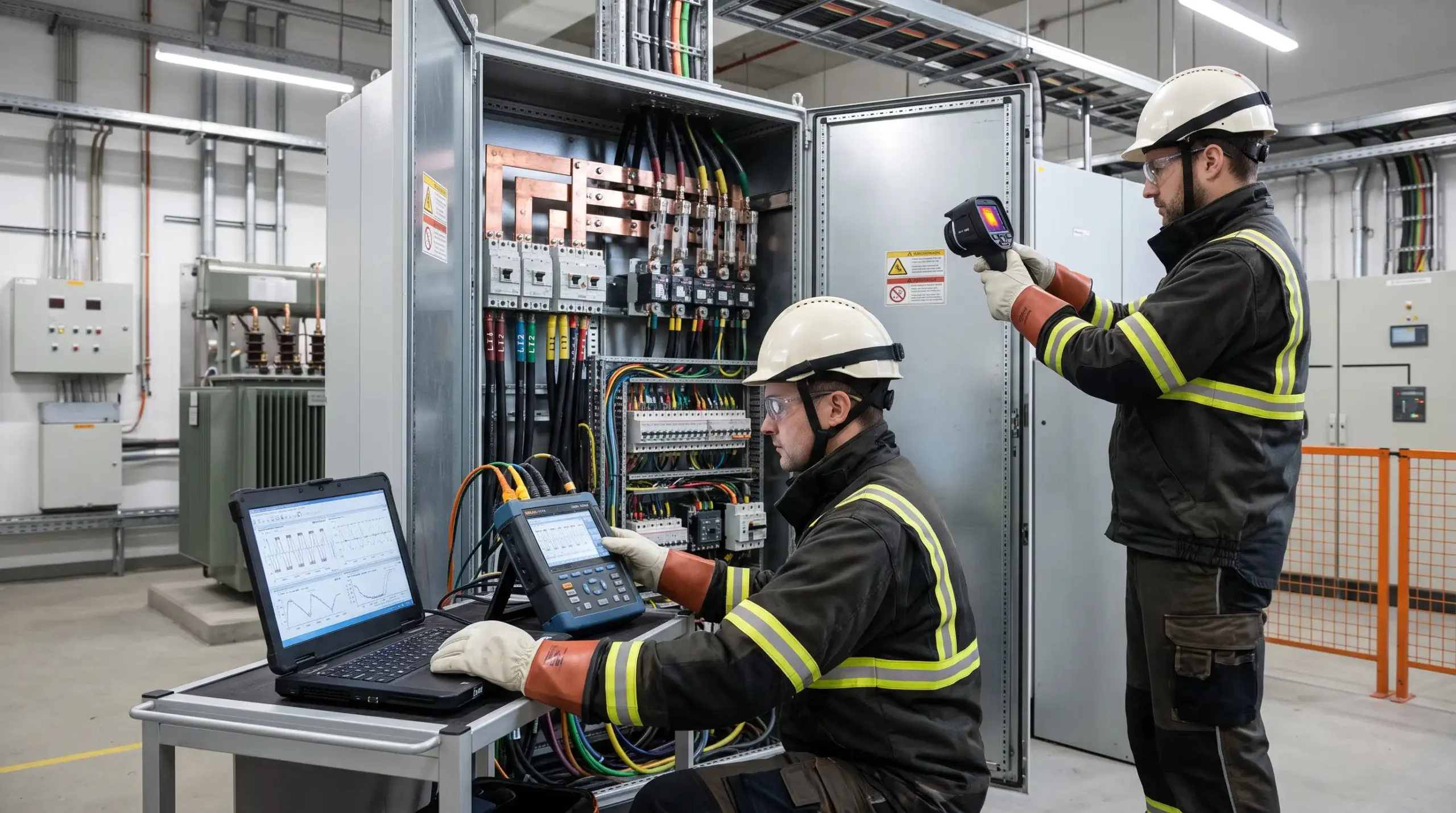 Sanayi tesisinde faz dengesizliği ve enerji kalitesi ölçümü yapan elektrik mühendisleri