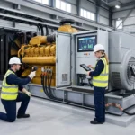 Enerji üretim tesisinde jeneratör ve alternatör elektriksel test ve bakım çalışması yapan mühendisler