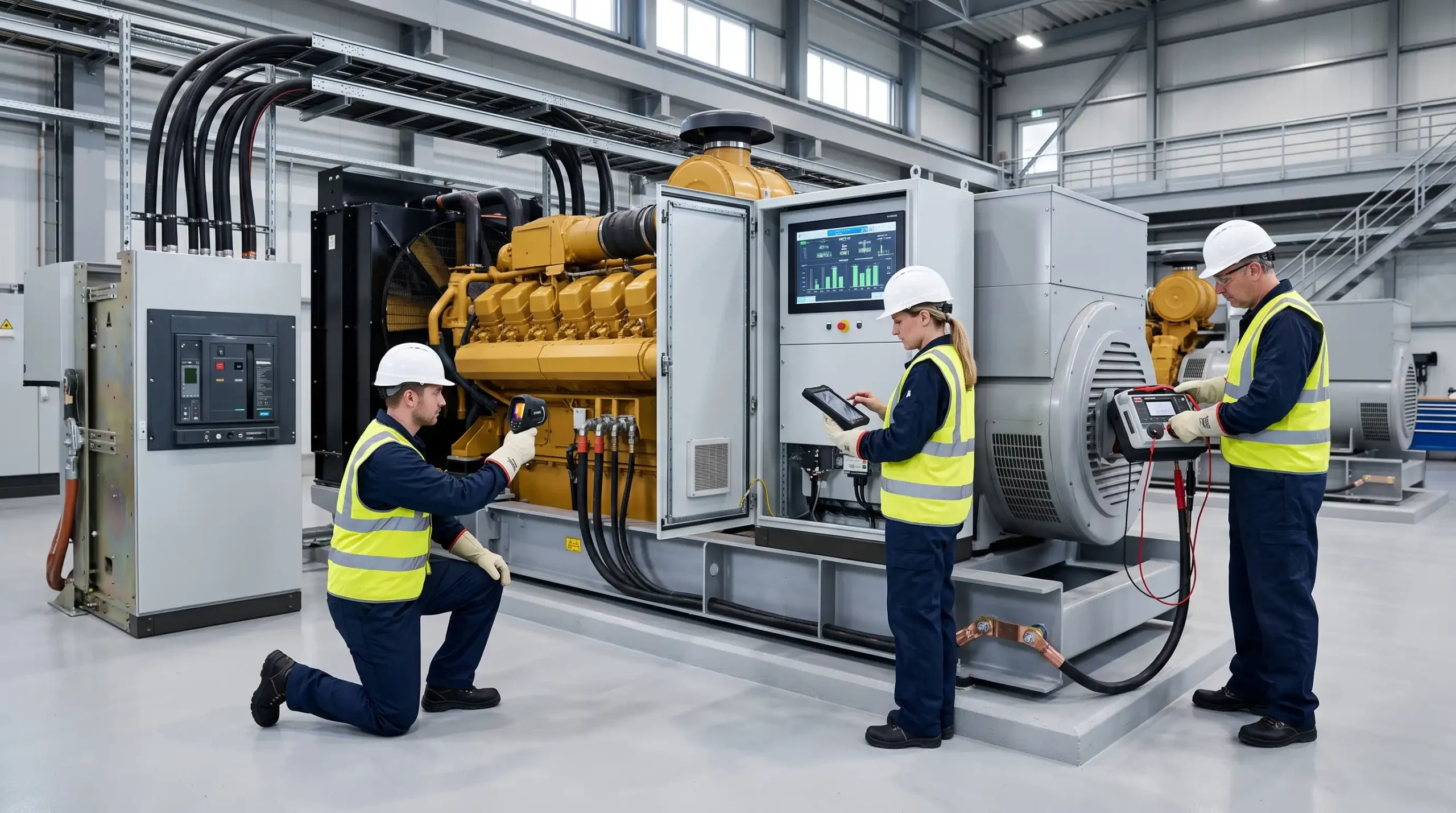 Enerji üretim tesisinde jeneratör ve alternatör elektriksel test ve bakım çalışması yapan mühendisler