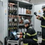 Kompanzasyon panosunda kondansatör, kontaktör ve harmonik kontrolleri yapan elektrik mühendisleri