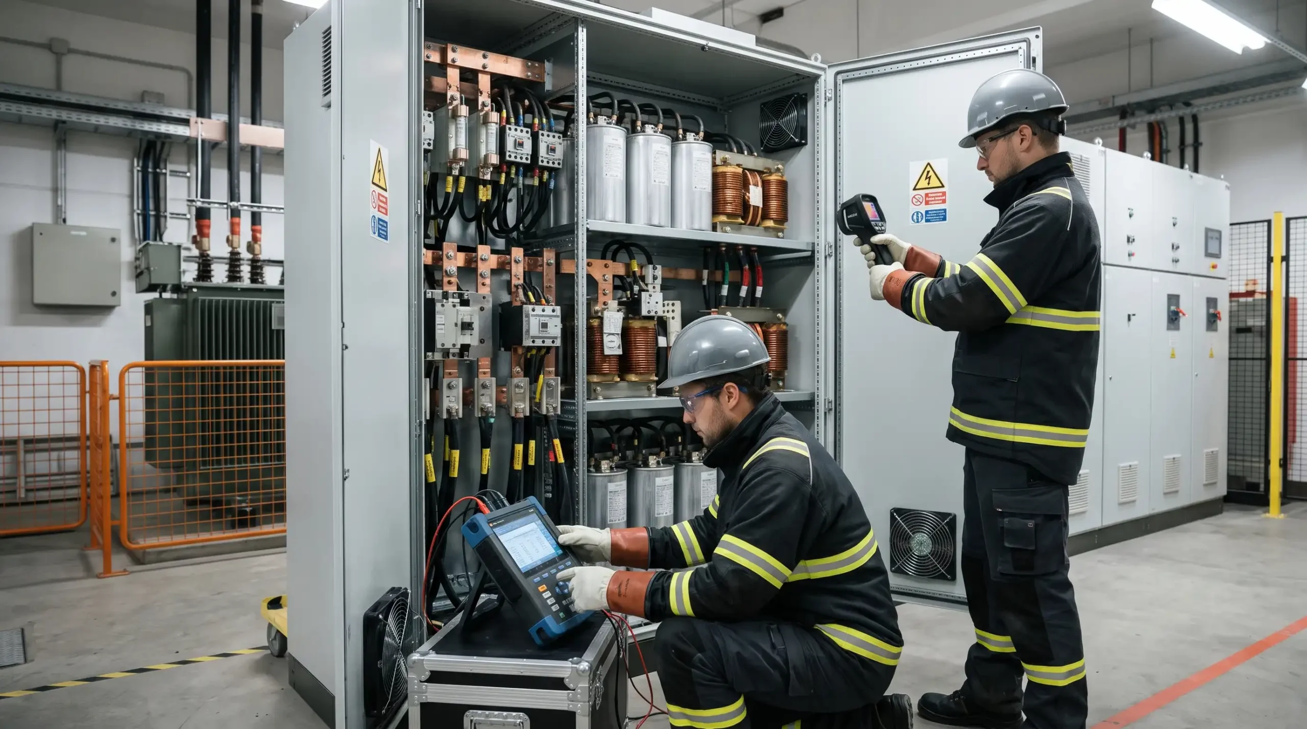 Kompanzasyon panosunda kondansatör, kontaktör ve harmonik kontrolleri yapan elektrik mühendisleri