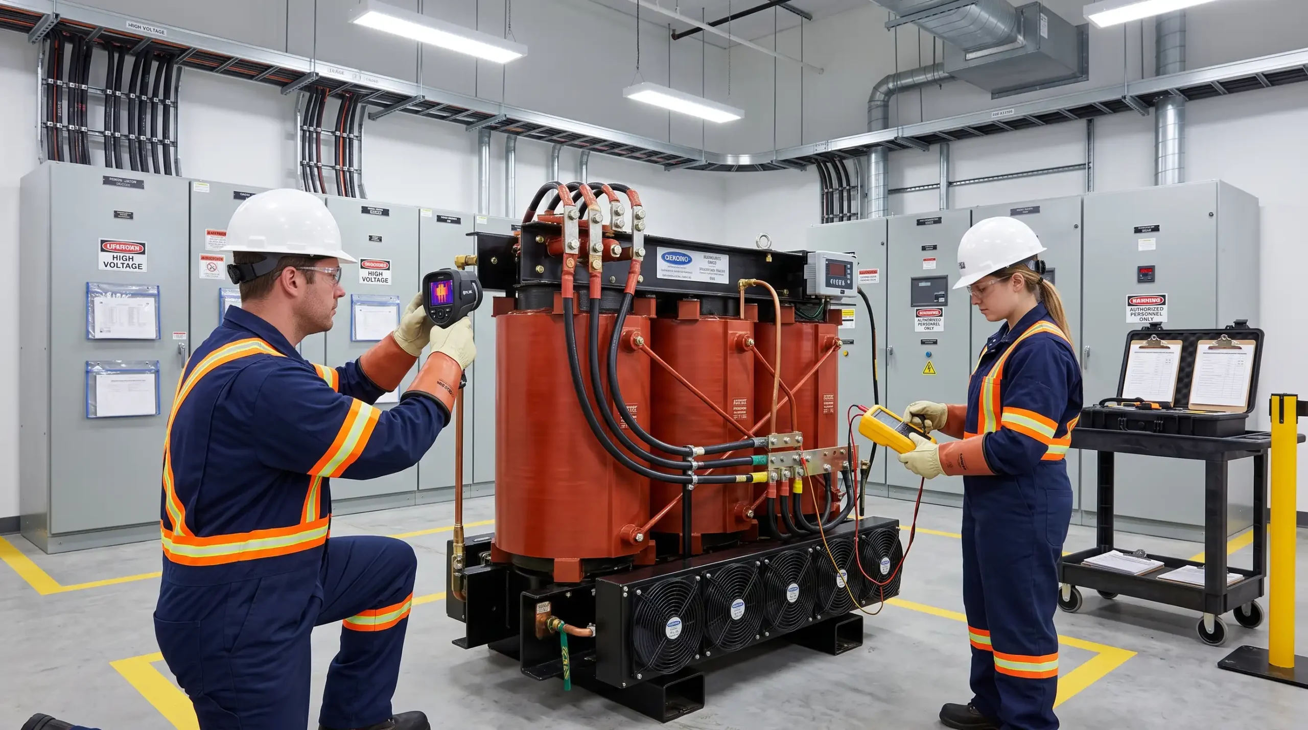 Kuru tip trafoda sargı sıcaklığı, fan, izolasyon ve bağlantı kontrolleri yapan elektrik mühendisleri