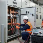 Mikroohm Kontakt Direnci Testi Nedir? Bara, Kesici ve Bağlantı Noktalarında Neden Yapılır? OG hücrede kesici ve bara bağlantılarında mikroohm kontakt direnci ölçümü yapan elektrik mühendisleri