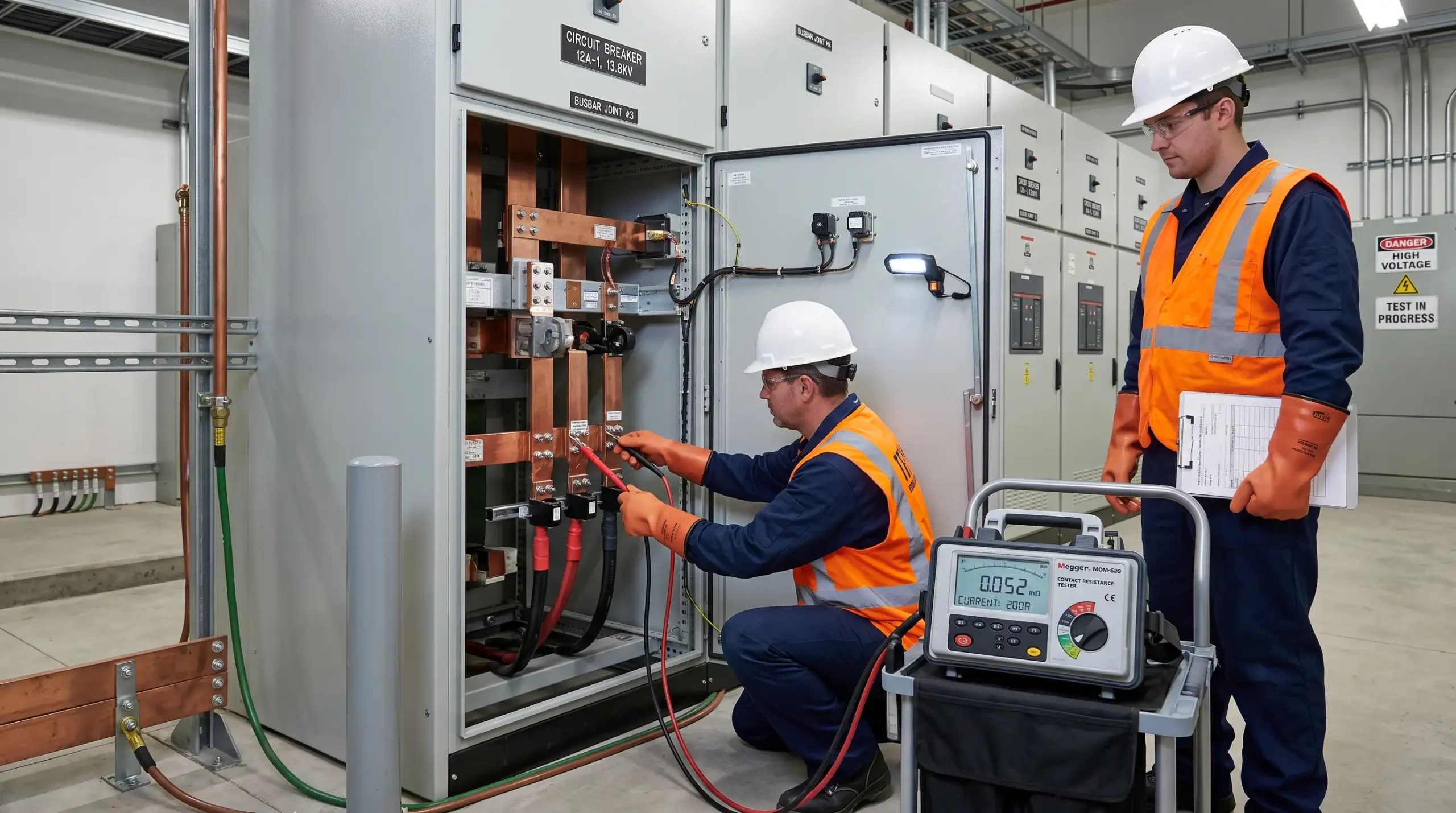OG hücrede kesici ve bara bağlantılarında mikroohm kontakt direnci ölçümü yapan elektrik mühendisleri