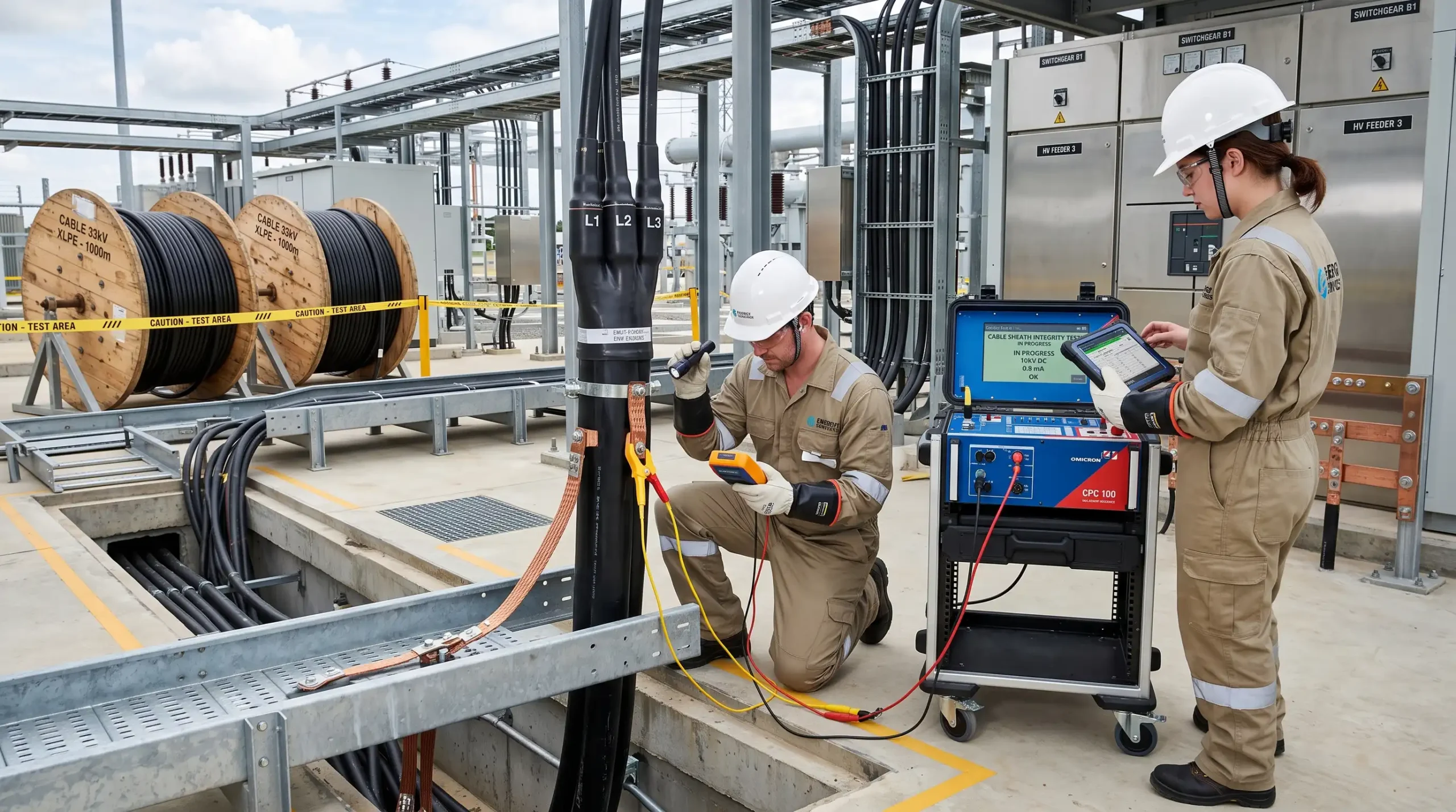 OG kablo montajı sonrası dış kılıf bütünlüğünü test eden elektrik mühendisleri