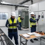 Enerji tesisinde planlı elektrik bakımı yapan ve ekipman durumlarını kontrol eden mühendisler