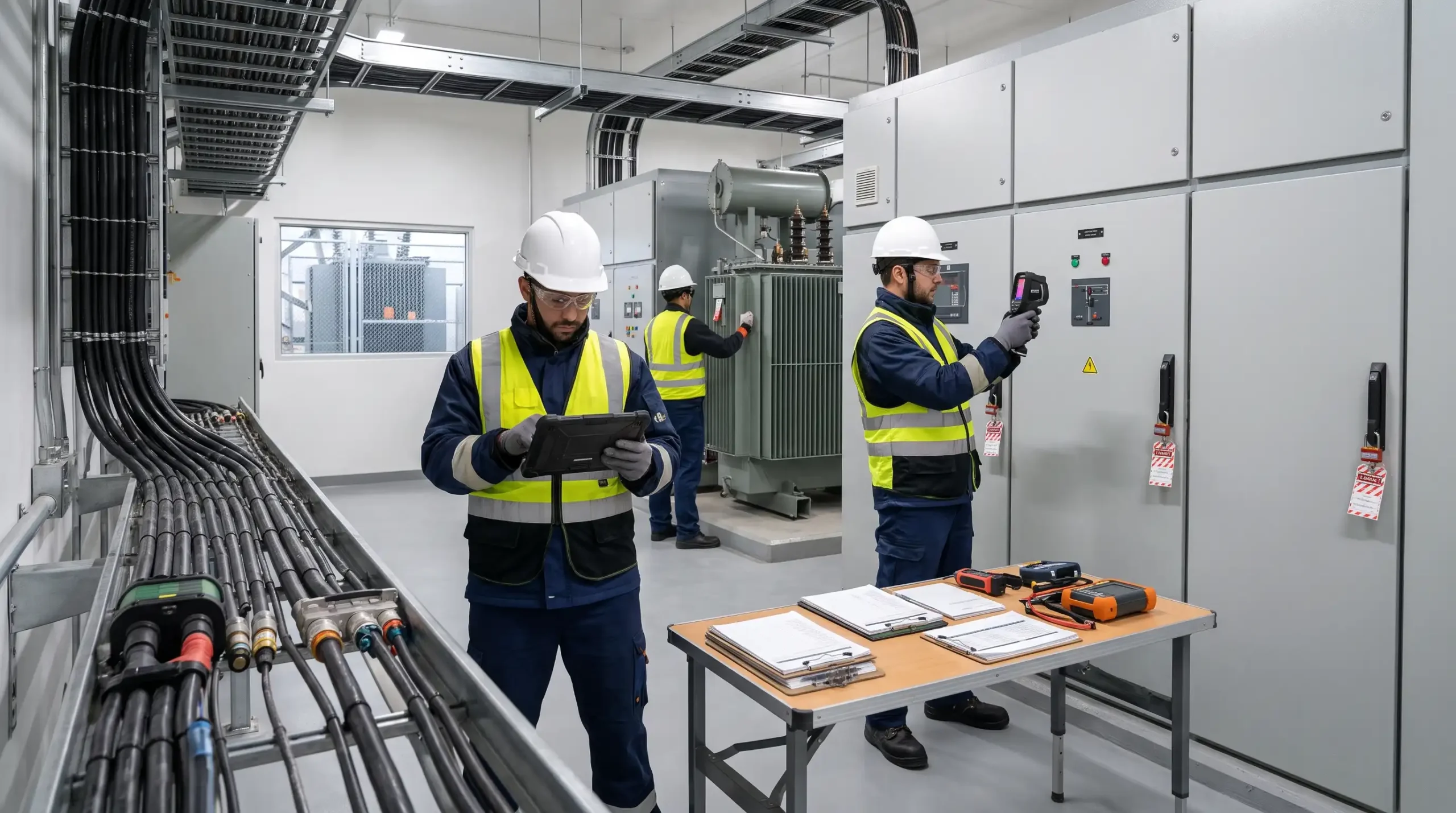 Enerji tesisinde planlı elektrik bakımı yapan ve ekipman durumlarını kontrol eden mühendisler