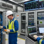 Enerji tesisinde SCADA haberleşme, fiber optik ve saha otomasyon bağlantılarını kontrol eden mühendisler