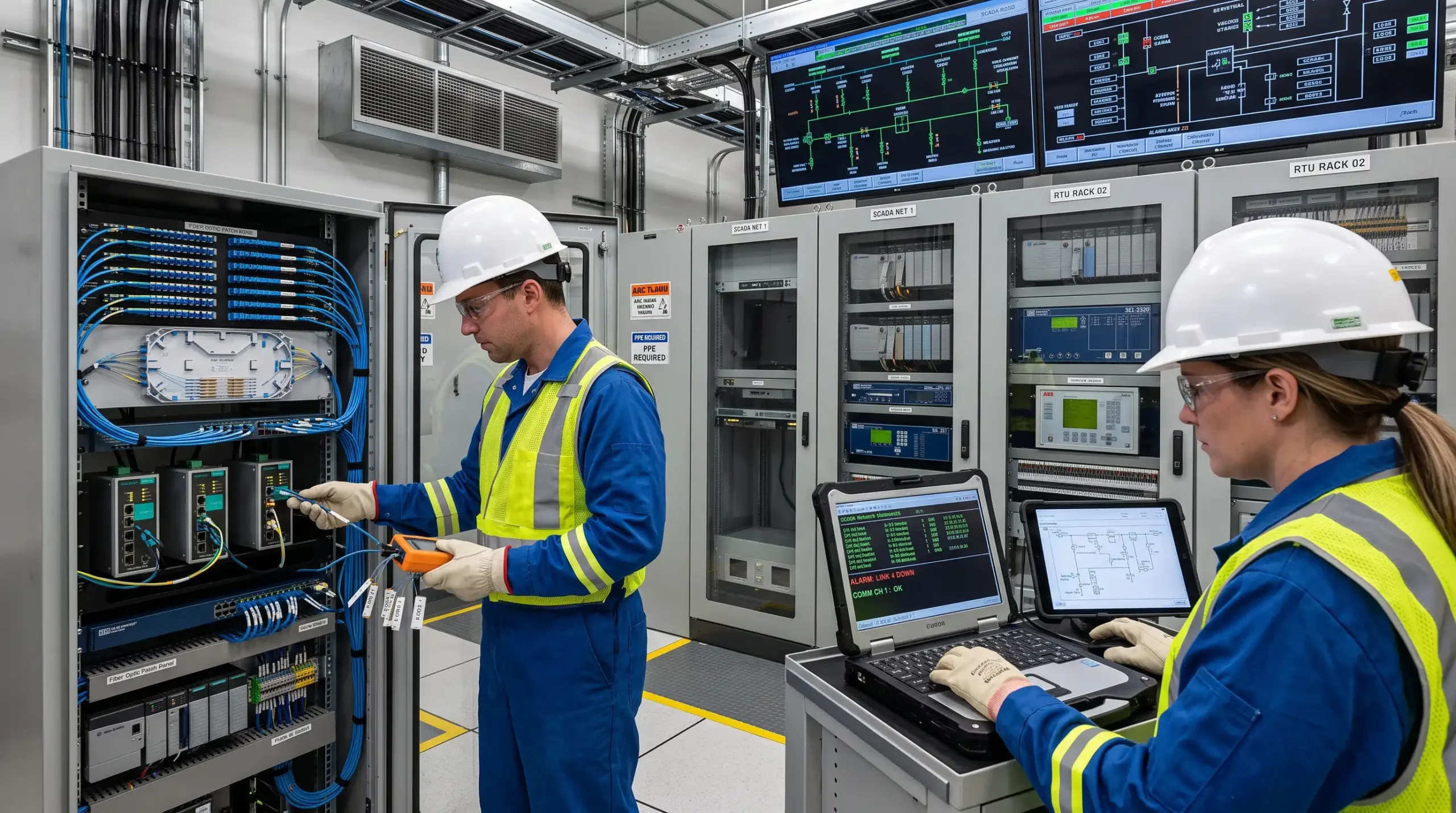Enerji tesisinde SCADA haberleşme, fiber optik ve saha otomasyon bağlantılarını kontrol eden mühendisler