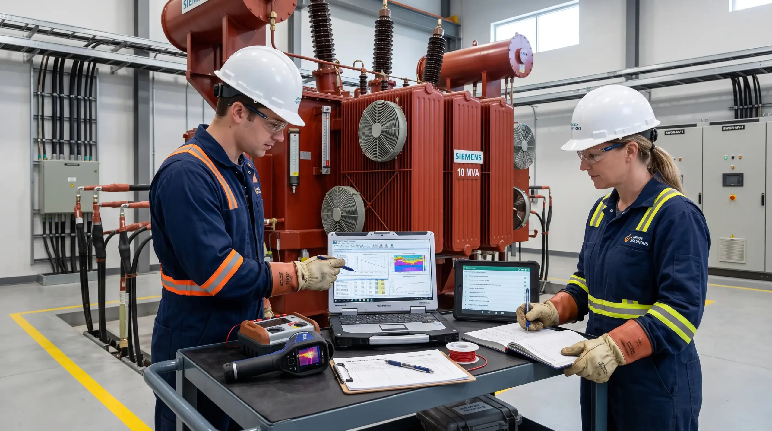 Trafo bakım ölçümlerini ve teknik test sonuçlarını raporlayan elektrik mühendisleri