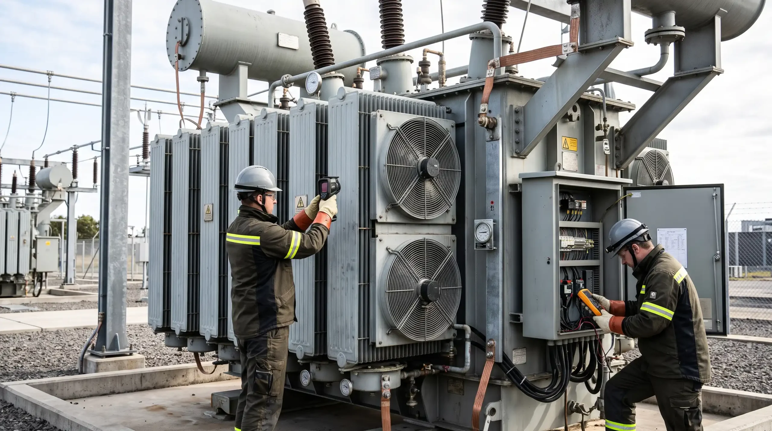 Güç trafosunda fan, radyatör ve soğutma sistemi bakımını yapan elektrik mühendisleri